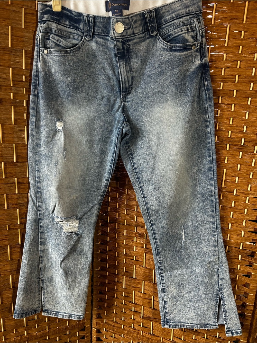 Democracy Absolution Crop Jeans Size 12 Distressed Raw Hem Stretch Denim